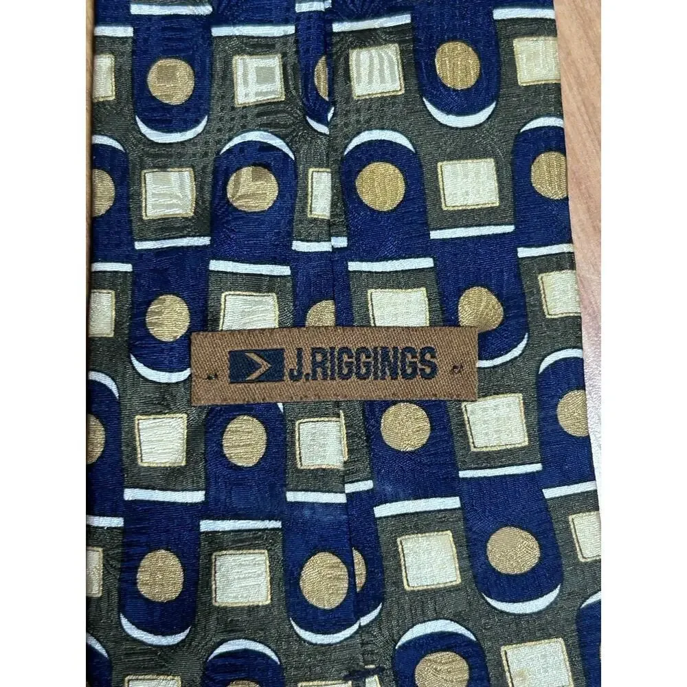 Vintage J. Riggins Silk Necktie Men's Blue Gold Geometric Abstract Art Deco USA